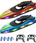 Dual Prop RC Boat With LED Lights 14 Inch Remote Control Water Racer 2 Pack with controllers and rechargeable batteries
