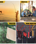 Collage showing fishing, camping with tents, paracord for survival, and gear maintenance tools with 1000Lb Paracord Rope Heavy Duty Tactical Parachute Cord For Survival Gear Camping And Hiking 12 Strand Core Type III 100Ft Desert Camo Ideal For Bracelets And Lanyards Everyday Adventure Ready.