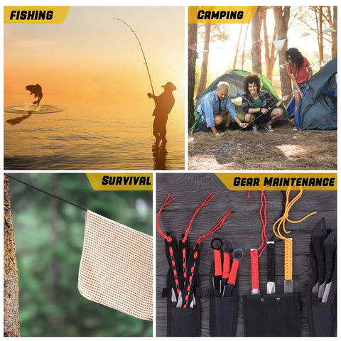 Collage showing fishing, camping with tents, paracord for survival, and gear maintenance tools with 1000Lb Paracord Rope Heavy Duty Tactical Parachute Cord For Survival Gear Camping And Hiking 12 Strand Core Type III 100Ft Desert Camo Ideal For Bracelets And Lanyards Everyday Adventure Ready.