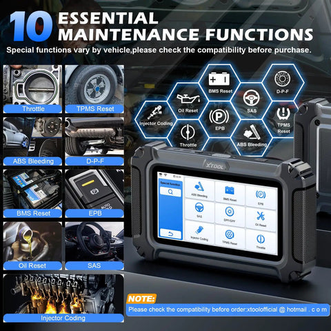 D5 OBD2 Scanner Car Code Reader For Engine ABS SRS Transmission Diagnostics With 10 Resets, screen showing functions.