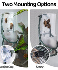 OIIBO Chameleon Feeding Bowl with suction cup and screw options, showing chameleons and insects inside a terrarium.