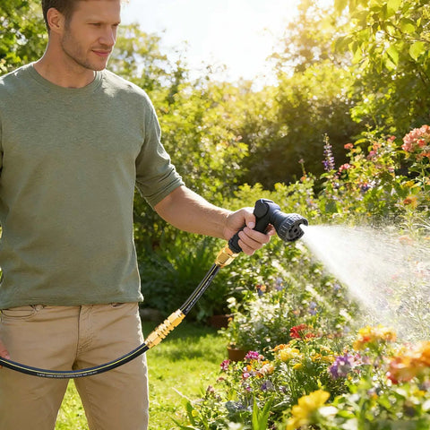 Man using Heavy Duty Garden Hose Repair Kit For Five Eighths Inch Hoses With Aluminum End Fittings Male And Female Connectors