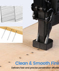 16 Gauge Finish Nails 1-3/4 Inch Galvanized Straight Finish Nails for Finish Nailer in use on wood surface, 2,500 count box shown