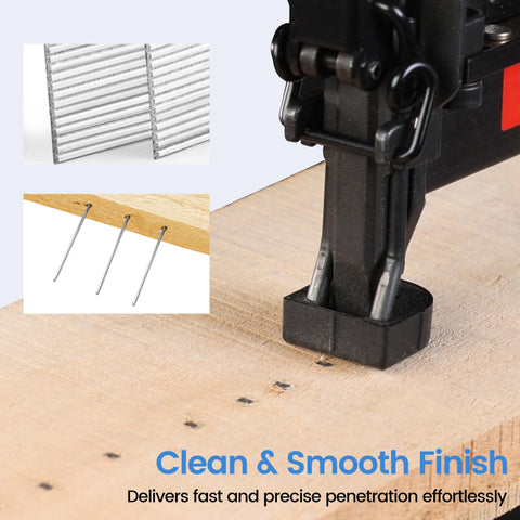 16 Gauge Finish Nails 1-3/4 Inch Galvanized Straight Finish Nails for Finish Nailer in use on wood surface, 2,500 count box shown