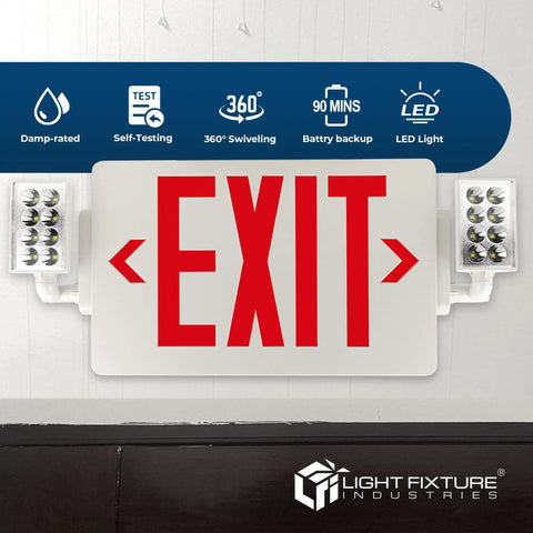 Red LED Exit Sign With Emergency Lights In White Housing UL 924 Listed 120 To 277 VAC Hardwired With Battery Backup Damp Location Rated 157 Lumen Output 3.3 Watt Low Power NiMH Battery Backup Optional Double Face And Knockout Arrows