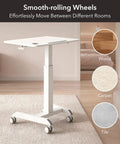Portable Laptop Cart On Wheels With Adjustable Height Sit Stand Desk And A 28.5 By 22 Inch Tabletop In White with lockable casters