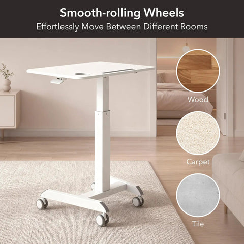 Portable Laptop Cart On Wheels With Adjustable Height Sit Stand Desk And A 28.5 By 22 Inch Tabletop In White with lockable casters