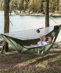 Camping Hammock With Mosquito Net And Ridge Rope For Two, Extra Large 114x55 Inch, outdoors by lake, two people inside