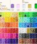 Color chart of Epic Fuse Beads Kit With 19,200 Beads In 92 Colors with 5 types: glitter, classic, pearl, metallic, glow-in-the-dark.