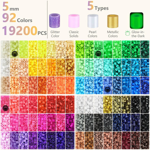 Color chart of Epic Fuse Beads Kit With 19,200 Beads In 92 Colors with 5 types: glitter, classic, pearl, metallic, glow-in-the-dark.