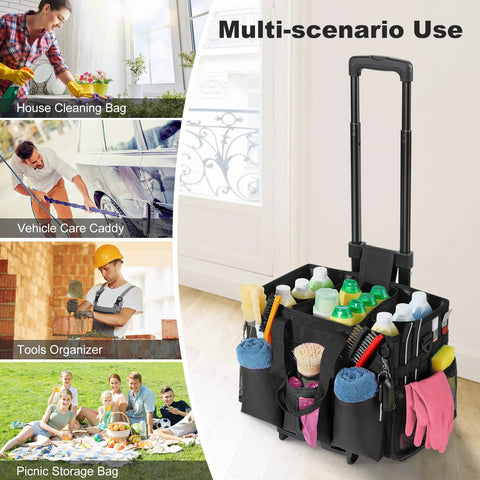Rolling Cleaning Caddy Bag with Detachable Trolley, multi-use organizer, adjustable height, holding cleaning supplies