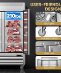 Tough As Nails 54 Inch Commercial Freezer 49 Cubic Feet Two Door Reach In Stainless Steel Upright Cabinet With Auto Defrost Eight Adjustable Shelves For Restaurant Business Hustle with LED lights and lockable casters.