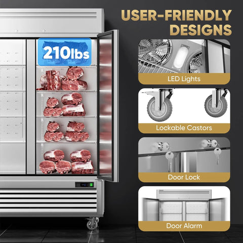 Tough As Nails 54 Inch Commercial Freezer 49 Cubic Feet Two Door Reach In Stainless Steel Upright Cabinet With Auto Defrost Eight Adjustable Shelves For Restaurant Business Hustle with LED lights and lockable casters.