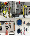 Beefy Ten Pack Wave Shape Slatwall Hooks For Garage Storage Heavy Duty Slat Wall Hangers Each Hook Replaces Four Standard Slatwall Hooks Fits Garden Tools And Workshop Black displaying organized tools and equipment