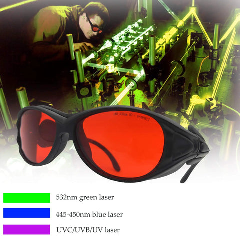 Pro Grade Laser Safety Goggles 532nm OD 6 Plus Eye Protection Glasses with lab background, highlights UV & green lasers
