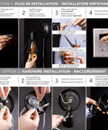 Installation steps for Cleo 1 Light Wall Sconce with plug-in or hardwire setup, showing hands connecting wires and fixing to wall.