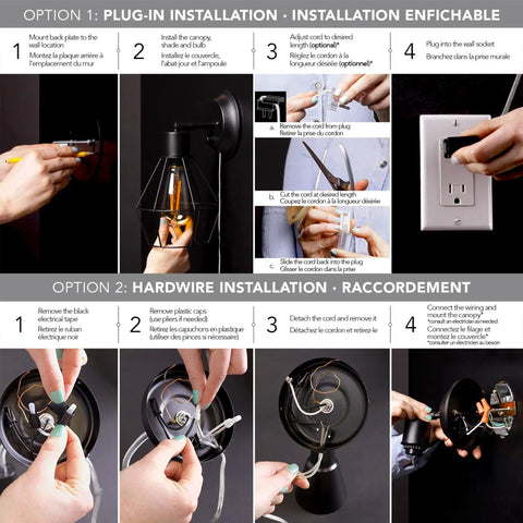 Installation steps for Cleo 1 Light Wall Sconce with plug-in or hardwire setup, showing hands connecting wires and fixing to wall.