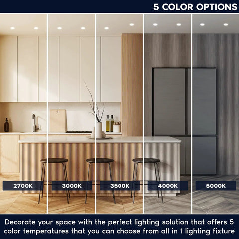 Slick Floating Gimbal Led Trimless Recessed Light Kit Featuring Built In Junction Box With Killer Glow Dimmable Bulbs showing 5 color options in modern kitchen.