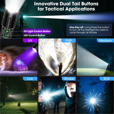 Rechargeable UV Blacklight Flashlight With High Lumens For Pet Pee Detection And Resin Curing Zoomable Waterproof Tactical LED Light For Camping Scorpion Hunting Emergency Prep And Night Work with multiple light modes.