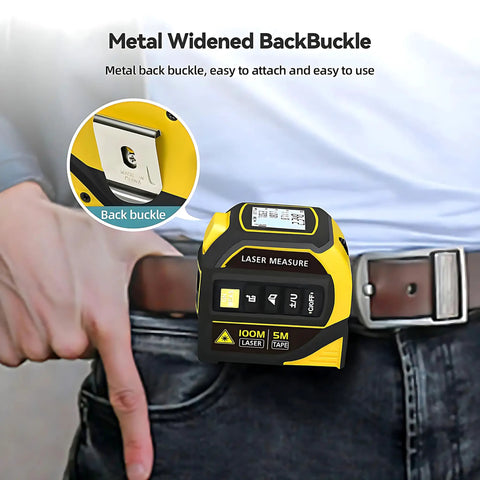 4 In 1 Laser Tape Measure With Cross Line Laser Retractable Tape 328 Ft Laser Range And 16 Ft Tape Fast Accurate Measurements For DIY Home Reno And Pro Builds, metal back buckle detail