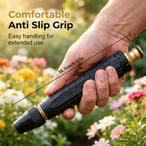 Person holding high pressure car wash water gun with booster nozzle, showing anti-slip grip and length in garden.
