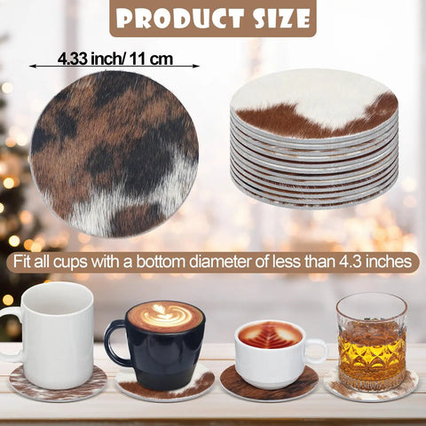 Premium Round Cowhide Coasters Set Of Twelve Natural Leather Drink Mats Ultra Smooth Finish 4.33 inches, suitable for all cup sizes.