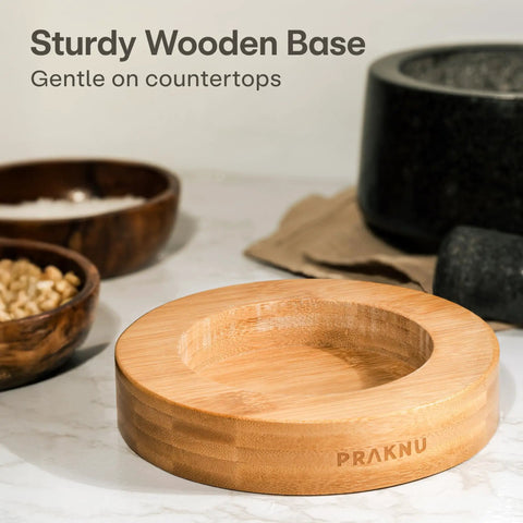 Heavy Duty Granite Mortar And Pestle Set 2 Cup Stone Grinder For Spices And Herbs With Non Slip Wooden Base close-up on base