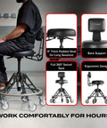 Elevated Steel EZ-Lift Shop Chair with backrest and casters, ergonomic design, 360° swivel seat, high workbench use