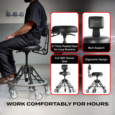 Elevated Steel EZ-Lift Shop Chair with backrest and casters, ergonomic design, 360° swivel seat, high workbench use
