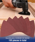 Oscillating tool using 150 Piece Triangle Sanding Pads Set For Oscillating Multi Tool 3 Inch And One Eighth Hook And Loop Discs.