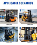 Four different crawler forklifts in warehouse and outdoor settings, showcasing applicable scenarios for material handling.