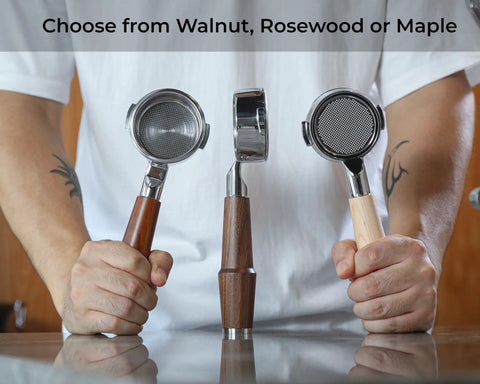 Level Up Your Home Barista Setup With This 58mm Bottomless Portafilter For Breville Dual Boiler Oracle Espresso Machine Rosewood Handle shows walnut and maple options.