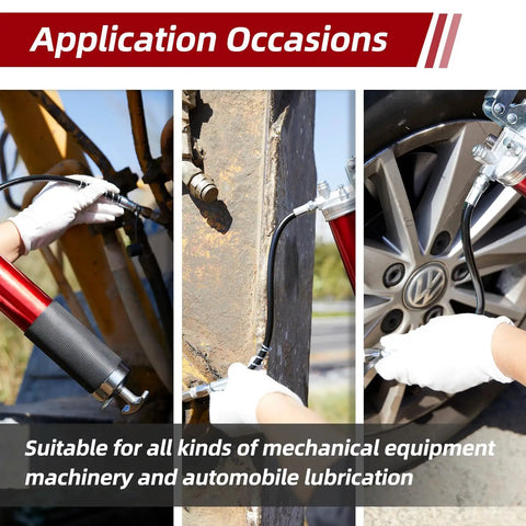 Using Heavy Duty 14 Oz Pistol Grip Grease Gun Kit With 7000 Psi Two Hoses Pro Grade Reinforced Coupler on machinery and car