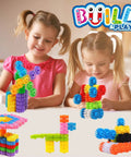 Two girls playing with Interlocking Gear Learning Set For Kids STEM Construction Toy 180 Piece Multicolor Gear Building Kit.