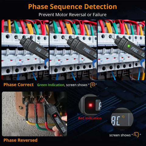 3 In 1 Pen Style Multimeter with Phase Sequence Detection showing correct and reversed phase indicators on circuit board