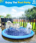 Dogs playing on a Splash Pad For Dogs And Kids, Anti Slip Dog Pool For Large Dogs, 0.58mm Thickened Durable Outdoor Water Play Mat, Summer Sprinkler Toy For Backyard, 67 Inch, Blue.
