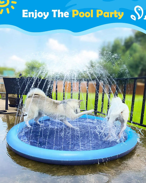 Dogs playing on a Splash Pad For Dogs And Kids, Anti Slip Dog Pool For Large Dogs, 0.58mm Thickened Durable Outdoor Water Play Mat, Summer Sprinkler Toy For Backyard, 67 Inch, Blue.