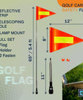 Orange Golf Cart Safety Flag Kit with 8x12 in flag, reflective strip, 5 ft 4 in telescoping pole, windproof, waterproof design.