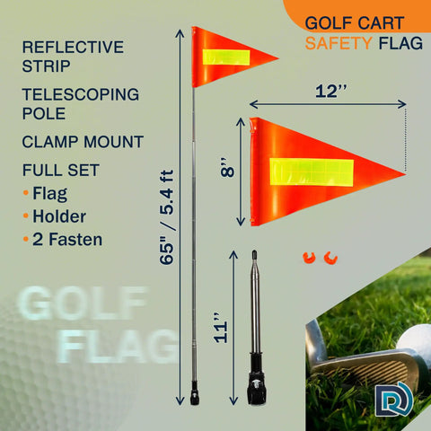 Orange Golf Cart Safety Flag Kit with 8x12 in flag, reflective strip, 5 ft 4 in telescoping pole, windproof, waterproof design.