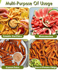 Crinkle cutter product collage showing crinkle-cut fries, watermelon slices, carrot fries, and sweet potato chips.