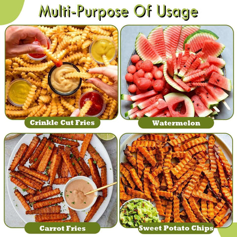 Crinkle cutter product collage showing crinkle-cut fries, watermelon slices, carrot fries, and sweet potato chips.