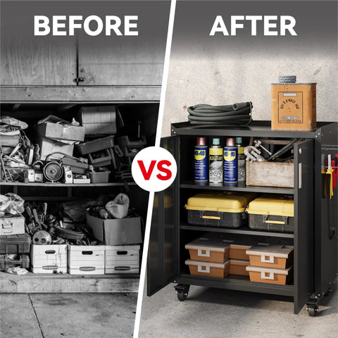 Heavy Duty Rolling Storage Cabinet For Garage And Shop, Two Door Metal Cabinet With Two Adjustable Shelves, Lockable Wheels And Locking Doors, 35 Inch Tall Large Capacity Tool Chest In Black showing organized garage storage