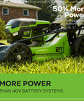 60V Brushless Self Propelled Cordless Lawn Mower With 21 Inch Deck Two 4.0Ah Batteries Rapid Charger Three Quarters Of An Acre Per Charge Four In One Cutting LED Lights IPX4 front view on grass