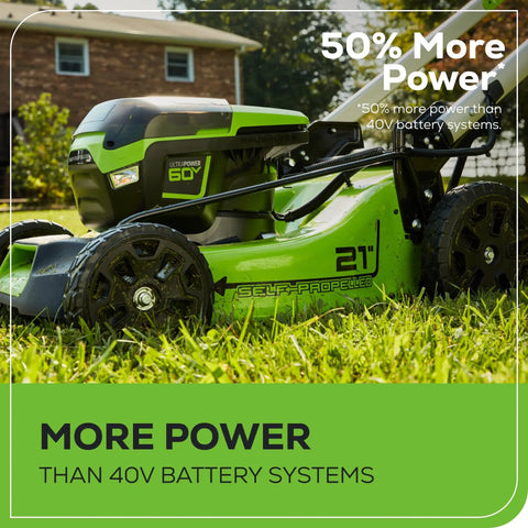 60V Brushless Self Propelled Cordless Lawn Mower With 21 Inch Deck Two 4.0Ah Batteries Rapid Charger Three Quarters Of An Acre Per Charge Four In One Cutting LED Lights IPX4 front view on grass