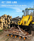 Tractor with clamp-on debris forks for 48 inch bucket holding logs, 5 tines, 2500 lbs heavy duty pallet forks for skid steer attachments.