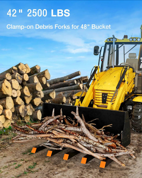Tractor with clamp-on debris forks for 48 inch bucket holding logs, 5 tines, 2500 lbs heavy duty pallet forks for skid steer attachments.