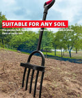 Heavy Duty Garden Fork With Five Diamond Point Tines, 45 Inch Long Hand Tiller shown in a field with trees in the background