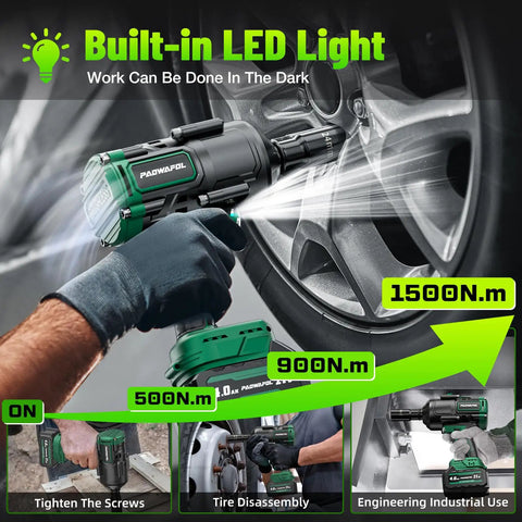 High Torque 1106 Ft-Lbs Brushless Impact Wrench Kit With 21V Battery Fast Charger 5 Sockets And 3500 IPM Half Inch Drive