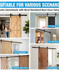 Soft Close Barn Door Mechanism Set With Hole Free No Drill Installation For Doors Up To 132 Lbs Includes Spring Buffer Damper And Adjustable Stoppers 2 Pack With S Hook Mounting And Hex Wrench For Smooth Quiet Sliding Door Hardware shown in various door setups.