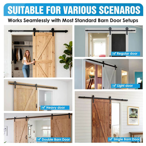 Soft Close Barn Door Mechanism Set With Hole Free No Drill Installation For Doors Up To 132 Lbs Includes Spring Buffer Damper And Adjustable Stoppers 2 Pack With S Hook Mounting And Hex Wrench For Smooth Quiet Sliding Door Hardware shown in various door setups.